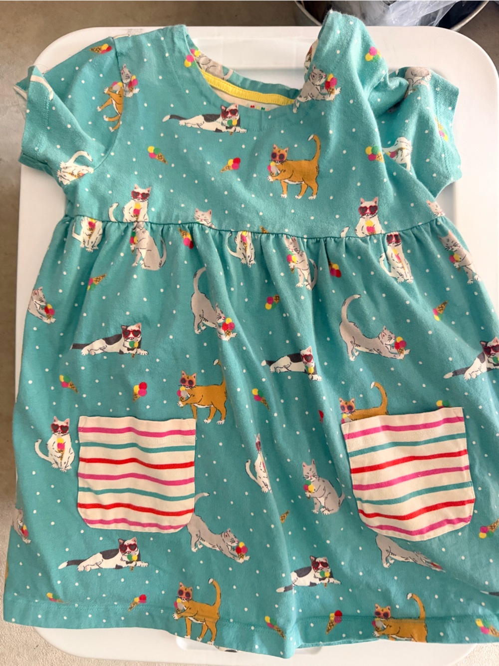 Boden Teal Girls Dress with Cat & Ice Cream Motif